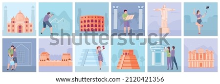 World wonders square set with travel symbols flat isolated vector illustration