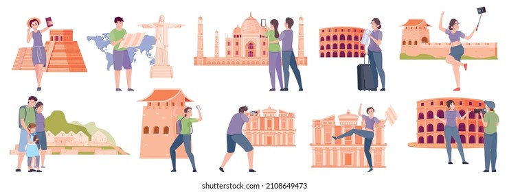 World wonders tourist set with sightseeing symbols flat isolated vector illustration