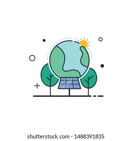 
The world with wood and solar panels with the concept of saving energy and saving the world.