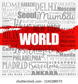 WORLD word cloud concept made with words cities names, business concept background