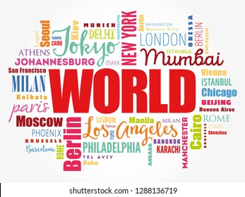 WORLD word cloud concept made with words cities names, business concept background