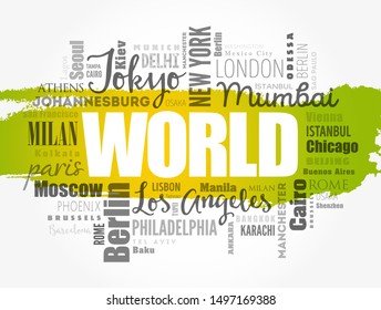 WORLD word cloud concept made with words cities names, business concept background