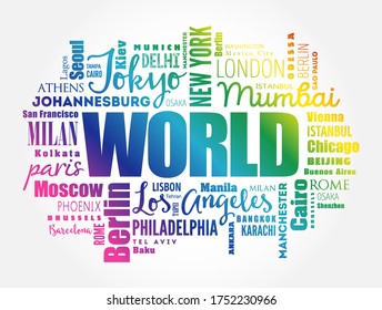 WORLD word cloud concept made with words cities names, business concept background