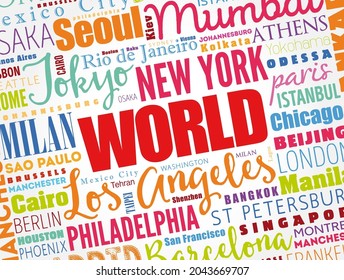 WORLD word cloud concept made with words cities names, business concept background