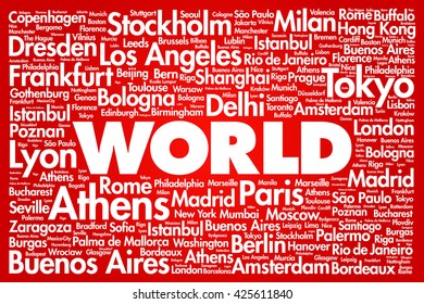 WORLD word cloud concept made with words cities names, business concept background