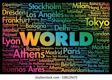 WORLD word cloud concept made with words cities names, business concept background
