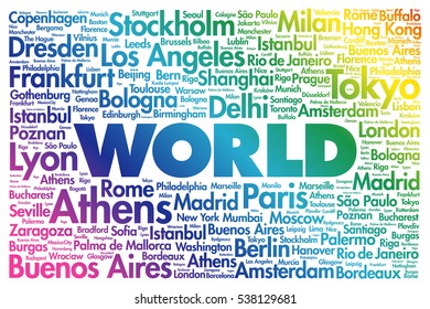 WORLD word cloud concept made with words cities names, business concept background