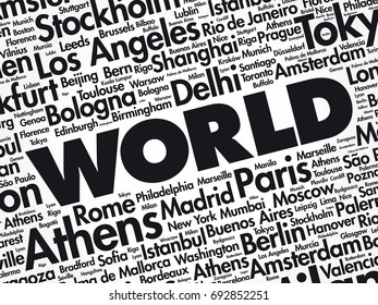 WORLD word cloud concept made with words cities names, business concept background