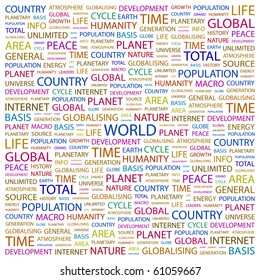 WORLD. Word collage on white background. Illustration with different association terms.