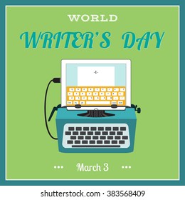 World writer day background in flat style. Vector illustration. USB-Typewriter computer keyboard for tablet or PC.