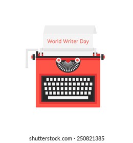 world writer day with red typewriter. concept of sign freelancing, storytelling, literature, success, creative. isolated on white background. flat style trendy modern logo design vector illustration