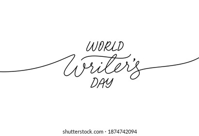 World Writer's day greeting card. Hand drawn vector line calligraphy with swooshes isolated on white background. White and black elegant lettering banner. Template for a poster, cards, banner.