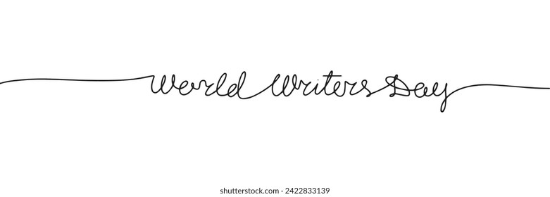 World Writers Day one line continuous text banner for holiday. Handwriting line art inscription World Writers Day. Hand drawn vector art.