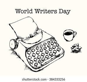 World Writers Day. Typewriter, cup of coffee and crumpled paper. Hand drawn vector illustration. 