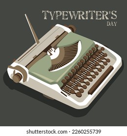 World Writer's Day. Writer's Day. Typewriter with printed text. A banner of the World Writers' Day with a green retro typewriter. Flat vector illustration.
