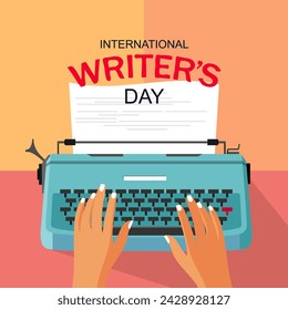 World Writer's Day. The writer is typing. Blue typewriter. Writer's Day banner. Vector flat illustration.