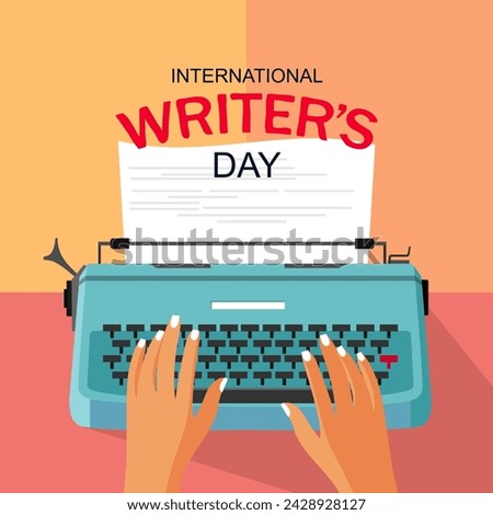 World Writer's Day. The writer is typing. Blue typewriter. Writer's Day banner. Vector flat illustration.