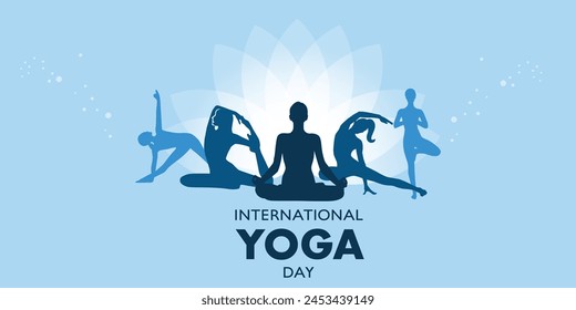 Diseño del Anuncio del día mundial del yoga. 21 de junio. Fondo de Anuncio de yoga, concepto de salud y fitness. Vector Plantilla.