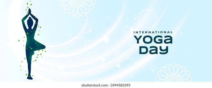 world yoga day banner woman in surya namaskar surrounded by leaves vector