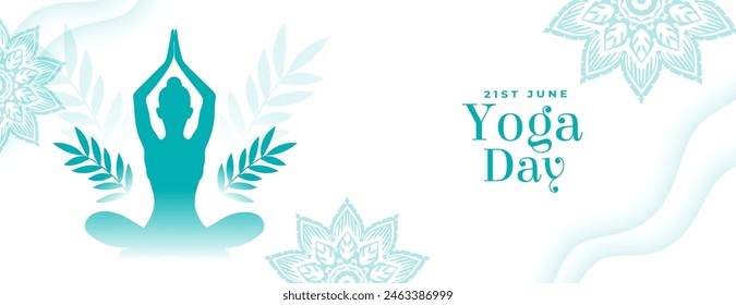 world yoga day event banner woman in asana with leaves vector