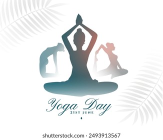 world yoga day poster woman in different yoga posture with leaves vector