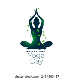 world yoga day poster, woman practicing asana surrounded by green leaves vector