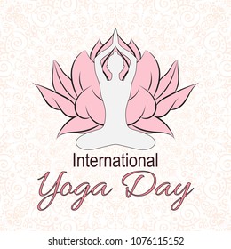 World Yoga Day vector illustration. Female body in yoga assana with lotus petals on beautiful mandala background