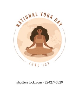 World yoga day. Woman in lotus position meditating. June 21st. Banner, brochure and poster design. Vector illustration in flat cartoon style.