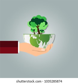 The world in your hands ecology concept.Green cities help the world with eco-friendly concept idea.with globe and tree background.vector illustration

