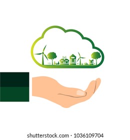 The world in your hands ecology concept.Green cities help the world with eco-friendly concept idea.with globe and tree background.vector illustration