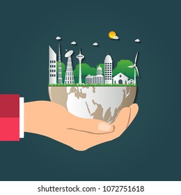 The world in your hands ecology concept.Green cities help the world with eco-friendly concept idea.with globe and tree background.vector illustration