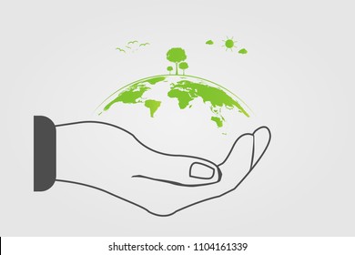 The world in your hands ecology concept.Green cities help the world with eco-friendly concept idea.with globe and tree background.vector illustration

