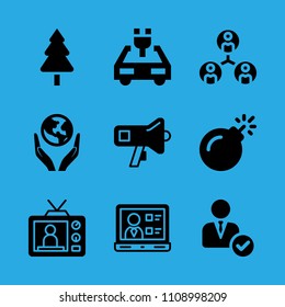 world in your hands, manager, television, megaphone, collaboration, tree, laptop, electric car and bomb vector icon. Simple icons set