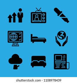 world in your hands, tree, television, television, promotion, news paper, pipette, bed and bed vector icon. Simple icons set