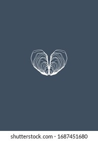 The World is Your Oyster. Oyster Shell Heart Vector Line Art on Blue Background. Minimalist Illustration