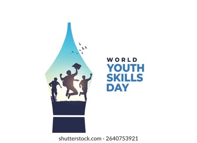 World Youth Skills Day, 15 July. World Youth Skills Day text with Young peoples celebrating success.