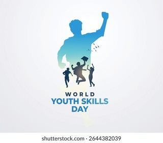 World Youth Skills Day, 15 July. World Youth Skills Day text with Young peoples celebrating success.