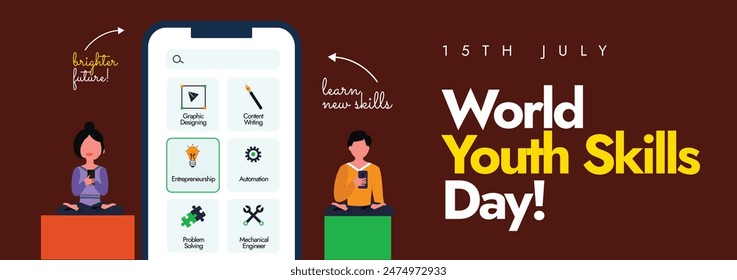 World Youth Skills Day. 15th July World Youth skills day celebration cover banner. The theme for 2024 is Youth Skills for Peace and Development. The day motivates young people to be optimistic.