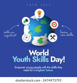 World Youth Skills Day. 15th July World Youth skills day celebration banner with earth globe and icons of different skills, ideas around it. Skills day conceptual banner to learn new things. 