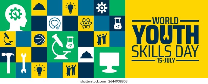 World Youth Skills Day background or banner design. Colorful Grid with Diverse Icons Science, Sports, Tools, Tech, Human Figures on Green, Yellow, and Blue Background.