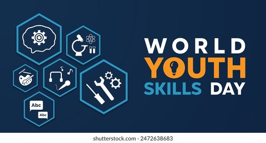 World Youth Skills Day. Brain, science, singing and more. Great for cards, banners, posters, social media and more. Dark blue background.