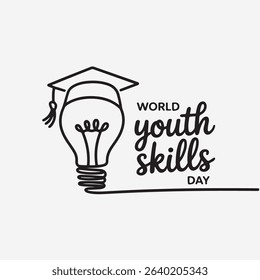 World youth skills day conceptual illustration graduation cap lightbulb education black and white