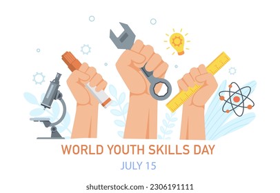 World Youth skills day. Hands hold marker, ruler and wrench next to microscope. Young professionals, college and university graduates. International holiday July 15. Flat vector illustration