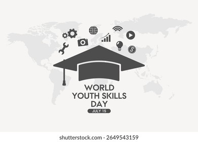 World Youth Skills Day illustration with graduation cap, global map, and skill icons.