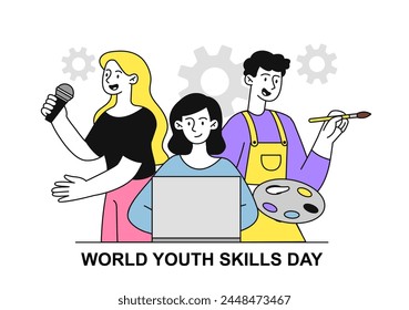 World youth skills day linear poster. International holiday and festival. Man with brush and paintings in palette, woman with microphone and laptop. Singer and artist. Doodle flat vector illustration