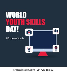 World Youth Skills Day Post. Youth Skills Day awareness post for empowering youth for learning online skills. Poster for youth skill with a computer screen surrounded by online skills icons