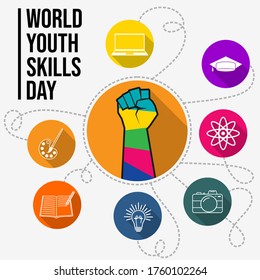 World Youth Skills Day vector Illustration with Colorful of fist and icon design. Celebrate on July 15th. Good template for Youth Campaign poster design.