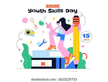 World Youth Skills Day Vector Illustration Featuring People Demonstrating Skills for Various Employment Opportunities and Entrepreneurship