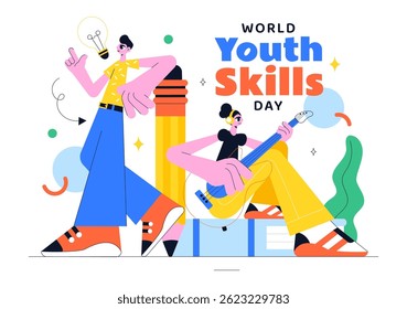 Ilustração do vetor do Dia Mundial das Habilidades da Juventude Apresentando Pessoas Demonstrando Habilidades para Várias Oportunidades de Emprego e Empreendedorismo