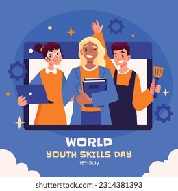 world youth skills day. (WYSD). world youth skills day celebration background. world youth skills day awareness. July 15. vector illustration. poster, banner, greeting card. young people with skills.